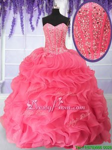Beading and Ruffles 15 Quinceanera Dress Watermelon Red Lace Up Sleeveless Floor Length