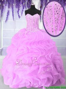 Free and Easy Sleeveless Organza Floor Length Lace Up Quinceanera Gown inLilac forSpring and Summer and Fall and Winter withBeading and Ruffles