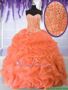 Decent Orange Sweetheart Neckline Beading and Ruffles Quinceanera Gown Sleeveless Lace Up