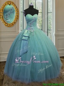 Light Blue Lace Up Sweetheart Beading and Ruching and Bowknot Sweet 16 Dresses Tulle Sleeveless