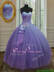 Dynamic Floor Length Lavender Quince Ball Gowns Tulle and Sequined Sleeveless Spring and Summer and Fall and Winter Beading and Ruching and Bowknot