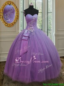 Latest Lilac Lace Up Ball Gown Prom Dress Beading and Ruching and Bowknot Sleeveless Floor Length