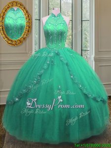 Fashionable Turquoise Ball Gowns Sweetheart Sleeveless Tulle Floor Length Lace Up Beading and Appliques 15 Quinceanera Dress