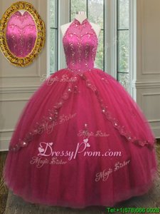 Hot Pink Sleeveless Tulle Lace Up 15th Birthday Dress forMilitary Ball and Sweet 16 and Quinceanera