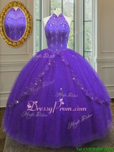 Inexpensive High-neck Sleeveless Lace Up Quinceanera Gown Purple Tulle