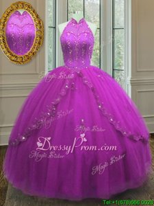 Cute High-neck Sleeveless Tulle Vestidos de Quinceanera Beading and Appliques Lace Up