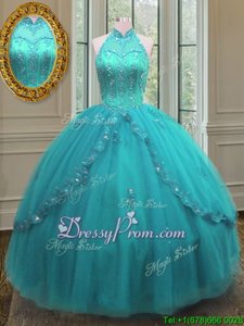 Cheap High-neck Sleeveless Tulle Quinceanera Dress Beading and Appliques Lace Up