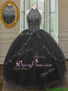 Great Black Sleeveless Floor Length Beading and Appliques Lace Up Vestidos de Quinceanera
