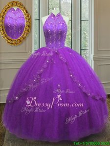 Enchanting Floor Length Lace Up 15th Birthday Dress Purple and In forMilitary Ball and Sweet 16 and Quinceanera withBeading and Appliques
