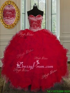 Delicate Red Ball Gowns Tulle Sweetheart Sleeveless Beading and Ruffles Floor Length Lace Up Sweet 16 Quinceanera Dress