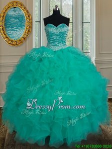 Modern Turquoise Ball Gowns Sweetheart Sleeveless Organza Floor Length Lace Up Beading and Ruffles Quinceanera Gowns
