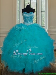Spectacular Teal Quince Ball Gowns Military Ball and Sweet 16 and Quinceanera and For withBeading and Ruffles Sweetheart Sleeveless Lace Up