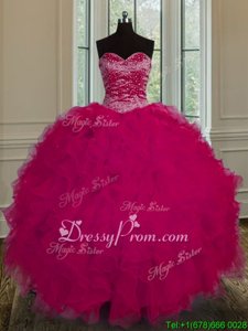 Clearance Ball Gowns Vestidos de Quinceanera Fuchsia Sweetheart Tulle Sleeveless Floor Length Lace Up