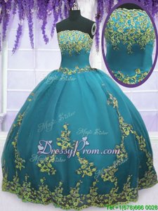 Fitting Turquoise Ball Gowns Tulle Strapless Sleeveless Appliques Floor Length Zipper Quinceanera Gown