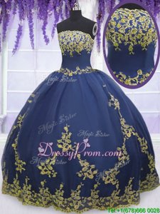 Artistic Navy Blue Ball Gowns Tulle Strapless Sleeveless Appliques Floor Length Zipper 15th Birthday Dress