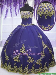 Glittering Purple Ball Gowns Appliques 15th Birthday Dress Zipper Tulle Sleeveless Floor Length