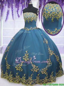 Sophisticated Teal Strapless Zipper Lace and Appliques Quinceanera Gown Sleeveless
