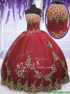 Modest Coral Red Strapless Neckline Appliques Vestidos de Quinceanera Sleeveless Zipper