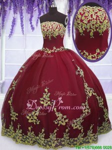 High Quality Ball Gowns Quinceanera Dress Red Strapless Tulle Sleeveless Floor Length Zipper