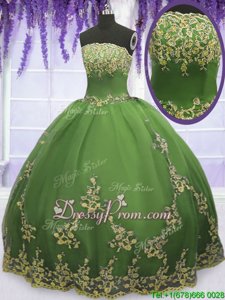 Unique Tulle Strapless Sleeveless Zipper Appliques Quinceanera Gowns inOlive Green