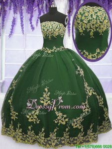 Fancy Dark Green Ball Gowns Tulle Strapless Sleeveless Appliques Floor Length Zipper Quince Ball Gowns