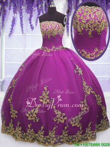 Graceful Fuchsia Strapless Zipper Appliques Quince Ball Gowns Sleeveless