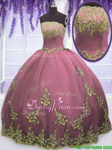 Superior Ball Gowns Quince Ball Gowns Lilac Strapless Tulle Sleeveless Floor Length Zipper
