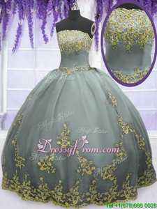 Top Selling Floor Length Grey Quinceanera Gowns Tulle Sleeveless Spring and Summer and Fall and Winter Appliques