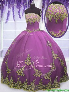 Eye-catching Purple Tulle Zipper Strapless Sleeveless Floor Length Quinceanera Gown Appliques