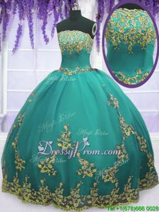 Fantastic Strapless Sleeveless 15th Birthday Dress Floor Length Appliques Aqua Blue Tulle