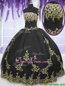 Gorgeous Black Ball Gowns Strapless Sleeveless Tulle Floor Length Zipper Appliques Sweet 16 Dresses
