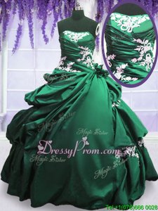 Excellent Green and Dark Green Taffeta Lace Up Strapless Sleeveless Floor Length Sweet 16 Dresses Appliques and Pick Ups