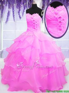 Sleeveless Organza Floor Length Lace Up Quinceanera Dresses inHot Pink forSpring and Summer and Fall and Winter withBeading and Ruffled Layers