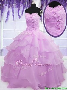 Noble Beading and Ruffled Layers and Hand Made Flower Ball Gown Prom Dress Lilac Lace Up Sleeveless Floor Length