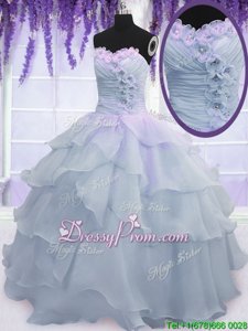 Lovely Light Blue Sleeveless Ruffled Layers and Ruching and Hand Made Flower Floor Length Quinceanera Gown