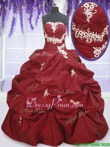 Wine Red Strapless Neckline Appliques and Pick Ups Sweet 16 Quinceanera Dress Sleeveless Lace Up