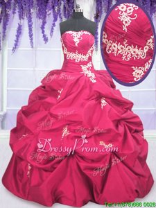 Exceptional Hot Pink Lace Up Strapless Appliques and Pick Ups Quinceanera Gowns Taffeta Long Sleeves