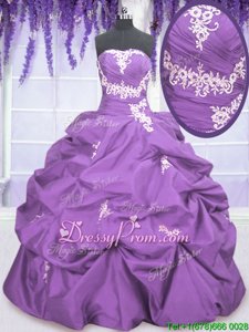 Floor Length Lavender Vestidos de Quinceanera Taffeta Sleeveless Spring and Summer and Fall and Winter Appliques and Pick Ups
