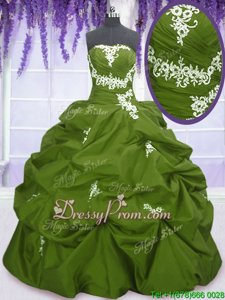 Sophisticated Olive Green Taffeta Lace Up Strapless Sleeveless Floor Length Ball Gown Prom Dress Appliques and Pick Ups