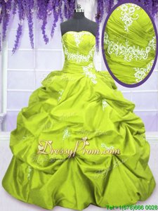 Sumptuous Taffeta Strapless Sleeveless Lace Up Appliques and Pick Ups Sweet 16 Quinceanera Dress inYellow Green