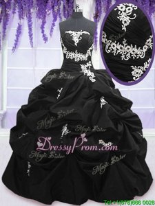 On Sale Black Taffeta Lace Up 15th Birthday Dress Sleeveless Floor Length Appliques and Pick Ups