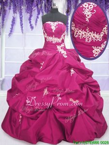 Dynamic Ball Gowns Quince Ball Gowns Fuchsia Strapless Taffeta Sleeveless Floor Length Lace Up