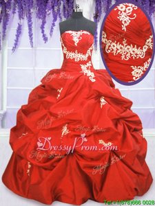 Traditional Coral Red Ball Gowns Strapless Sleeveless Taffeta Floor Length Lace Up Appliques and Ruching and Pick Ups Sweet 16 Dress