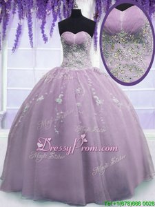 Stylish Sweetheart Sleeveless Quinceanera Gowns Floor Length Beading Lilac Organza