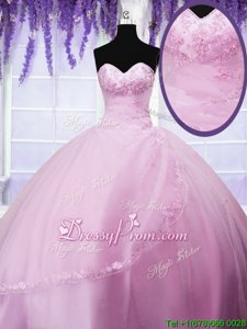 Hot Selling Appliques Quinceanera Gowns Baby Pink Lace Up Sleeveless Floor Length