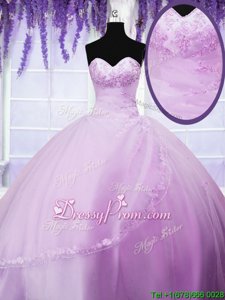 Unique Lilac Ball Gowns Sweetheart Sleeveless Tulle Floor Length Lace Up Appliques 15 Quinceanera Dress