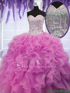 High Class Rose Pink Quince Ball Gowns Military Ball and Sweet 16 and Quinceanera and For withSequins Sweetheart Sleeveless Lace Up