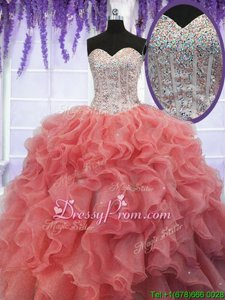 Extravagant Coral Red Lace Up Vestidos de Quinceanera Ruffles and Sequins Sleeveless Floor Length