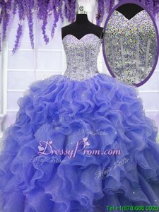 Popular Sweetheart Sleeveless Quince Ball Gowns Floor Length Ruffles and Sequins Purple Organza