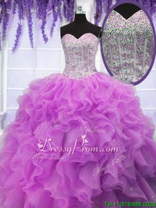 Unique Fuchsia Ball Gowns Organza Sweetheart Sleeveless Ruffles Floor Length Lace Up Quinceanera Gowns